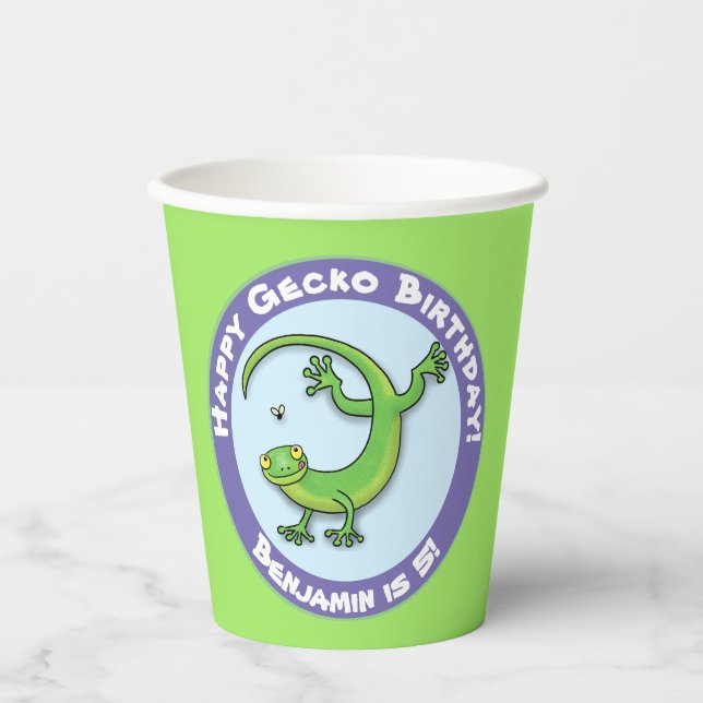Gobelets En Papier Caricature de gecko vert mignon (Recto)