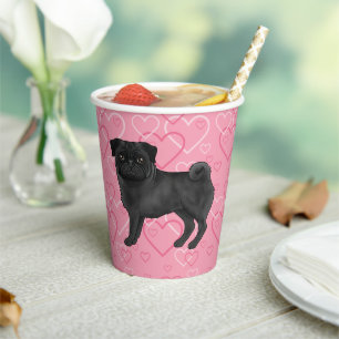 Gobelets En Papier Caricature de Pug noir aux motifs de coeur rose