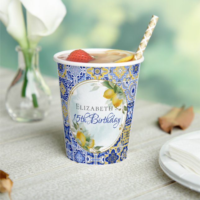 Gobelets En Papier Carreaux bleu italien Citrons Gold Parties scintil (Insitu)