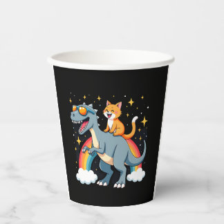 Gobelets En Papier Cat Riding Dinosaur T-Rex Kitten Rainbow Dino Funn