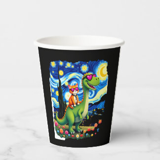 Gobelets En Papier Cat Riding Dinosaur T-Rex Starry Night Cat Lover (