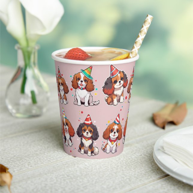 Gobelets En Papier Cavalier King Charles Pastel Motif d'anniversaire (Insitu)