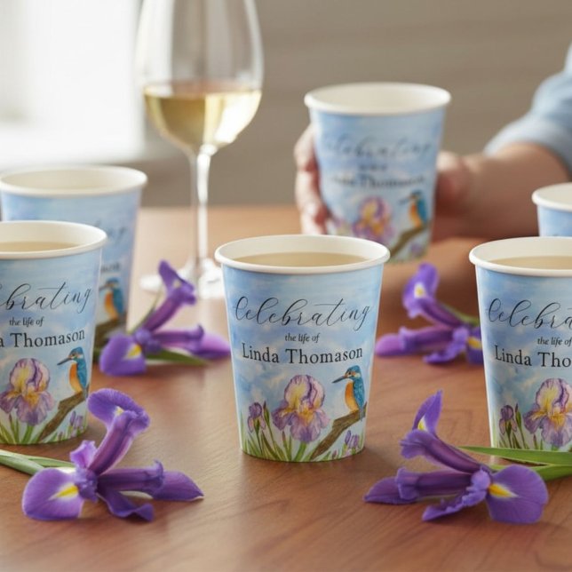 Gobelets En Papier Célébration de la vie Martin-pêcheur Iris violets (Créateur téléchargé)