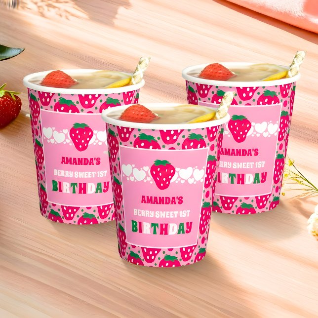 Gobelets En Papier Célébration du premier anniversaire de fraise (Créateur téléchargé)