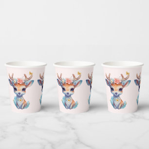 Gobelets En Papier Cerf de Bébé mignon avec Antlers et Fleurs