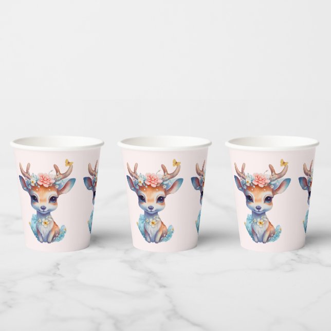 Gobelets En Papier Cerf de Bébé mignon avec Antlers et Fleurs (Multi)
