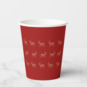 Gobelets En Papier Cerf qui marche motif festif fond rouge brun
