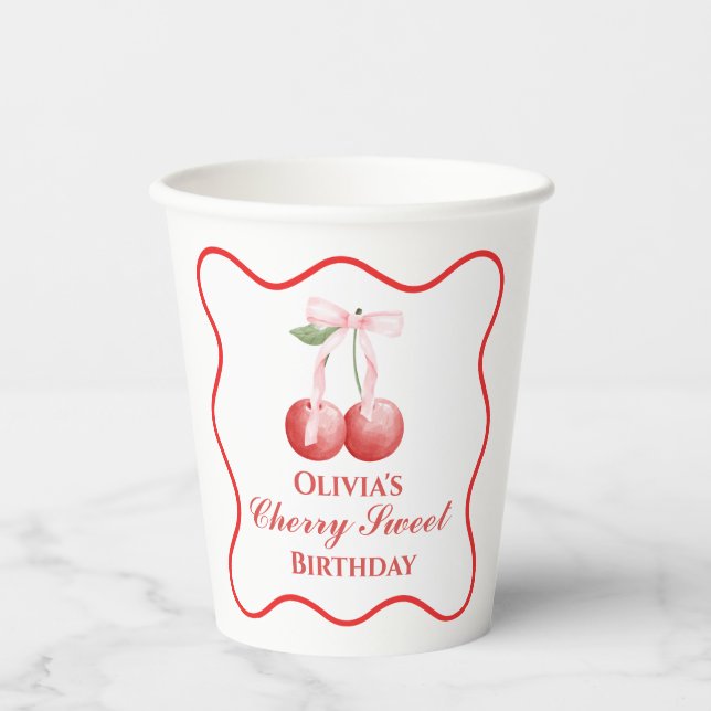 Gobelets En Papier Cerise Douce anniversaire Ruban Rose Gingham (Recto)