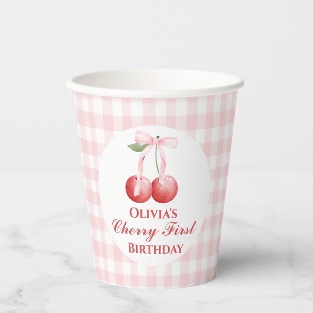Gobelets En Papier Cerise premier anniversaire Ruban Rose Gingham (Recto)