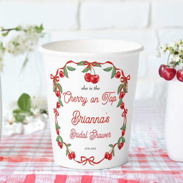 Gobelets En Papier Cerise sur ruban coquette enterrement de vie de je (Cherry on top ribbon coquette cherry summer bridal shower monogrammed paper cups personalized decor)