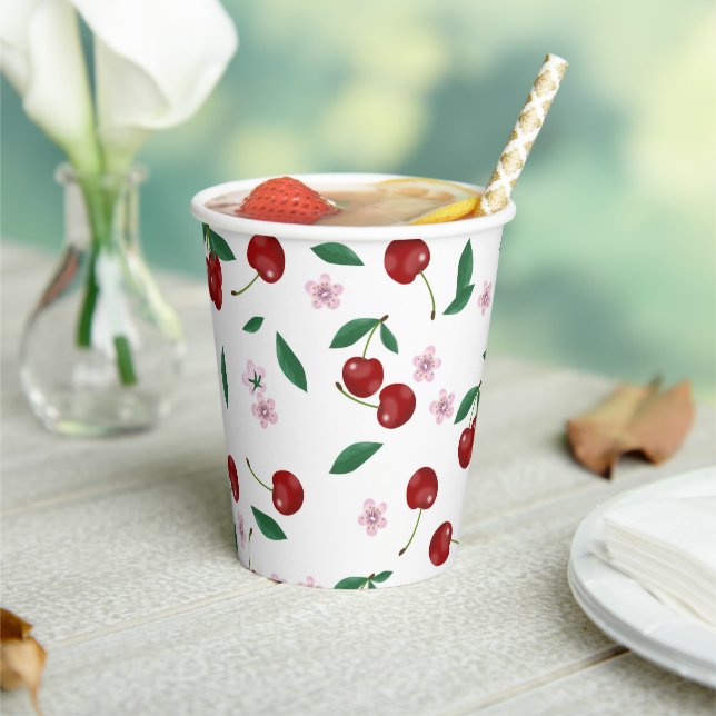Gobelets En Papier Cerises rouges botaniques Verdure & Fleurs de ceri (Insitu)