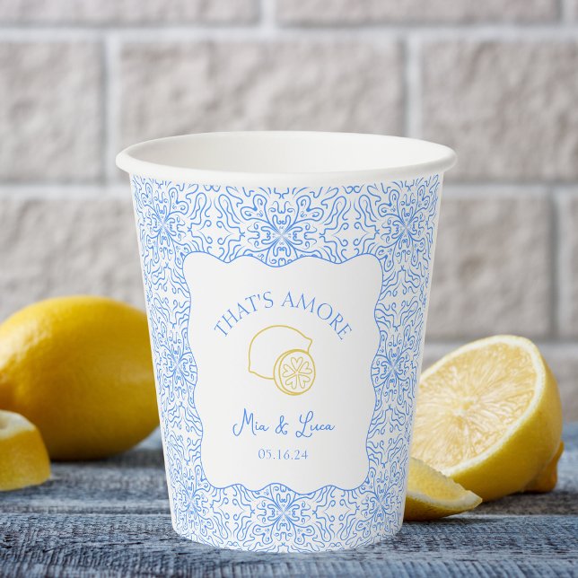 Gobelets En Papier C'est Amore Lemon Blue Tiles Amalfi Italie Mariage (Celebrate love Italian-style with these customizable 'That's Amore' cups, perfect for your wedding.)