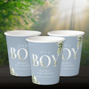 Gobelets En Papier C'est un garçon Baby Shower lettre verdure Bleu Po