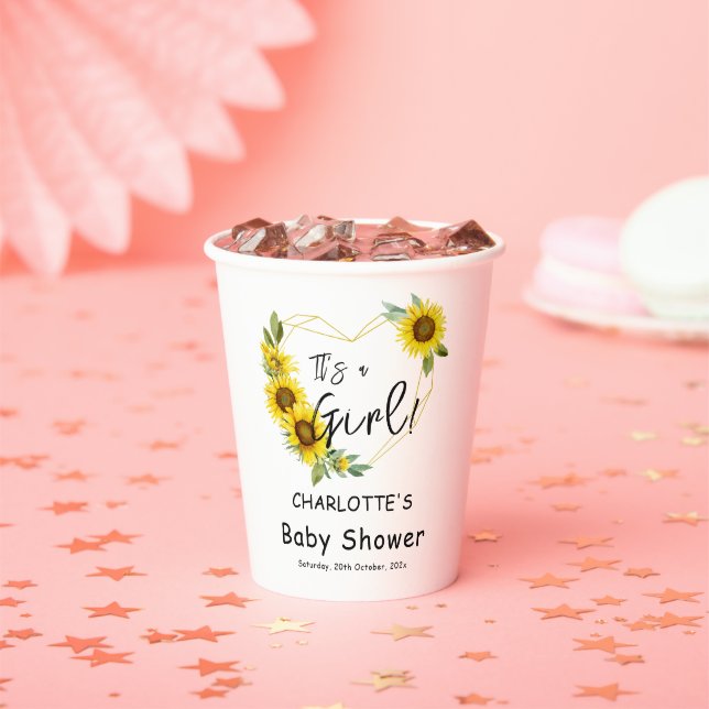 Gobelets En Papier C'est une fille ! Cadre tournesols Baby Shower (Insitu)