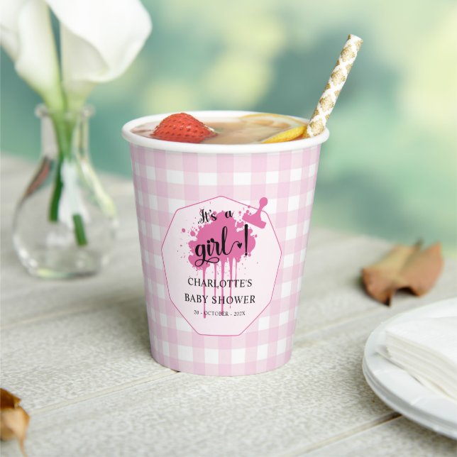 Gobelets En Papier C'est une fille Douce Fille Pastel Rose Gingham Ba (Insitu)
