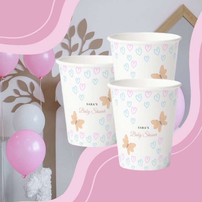 Gobelets En Papier C'est une fille Jolis papillons dessinés à la main (It's a Girl Cute handdrawn school watercolor Baby Shower Cartoon Paper Cup/wight color.)