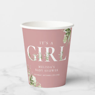Gobelets En Papier C'est Une Fille Rose Poussiéreux Vert Baby Shower