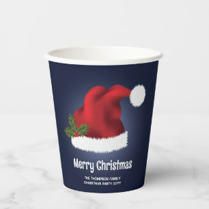 Gobelets En Papier Chapeau de Santa Festif Rouge sur Fond Bleu avec T