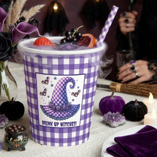 Gobelets En Papier Chapeau de sorcière Halloween en gingham violet et