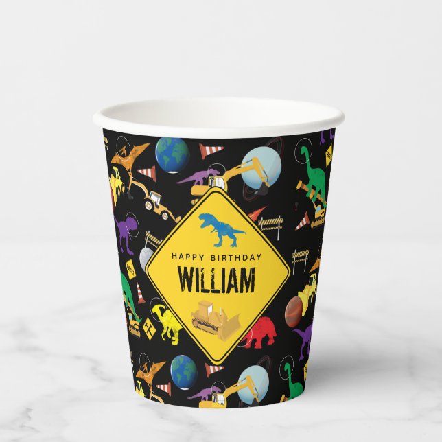 Gobelets En Papier Chariots de construction Dinosaures dans l'espace  (Recto)