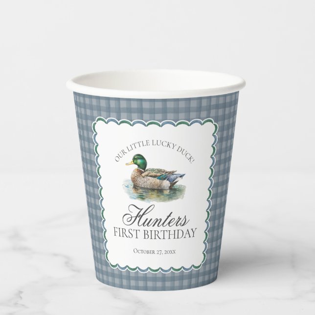 Gobelets En Papier Chasse au Canard Colvert Gingham Garçon Anniversai (Recto)