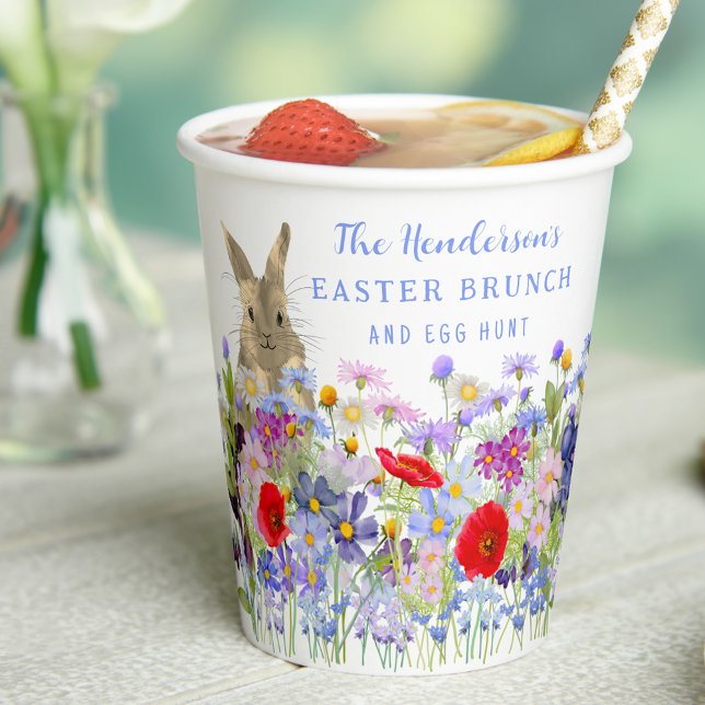 Gobelets En Papier Chasse aux oeufs de Pâques et Brunch Bunny Floral (Personalized Easter brunch egg hunt watercolor cute bunny spring florals spring party paper cup)