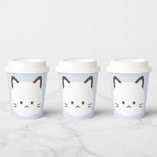 Gobelets En Papier Chat au visage mignon sur fond bleu pastel