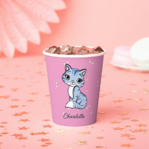 Gobelets En Papier Chat bleu mignon sur nom personnalisé rose
