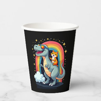Gobelets En Papier Chat chevauchant un dinosaure T-Rex chaton arc-en-