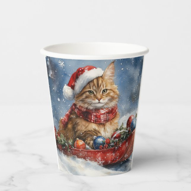 Gobelets En Papier Chat de Maine Coon en sledge Laisser neiger Noël (Recto)
