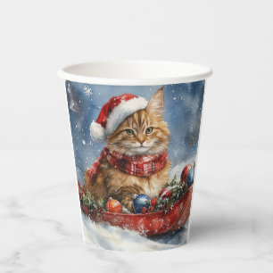 Gobelets En Papier Chat Maine Coon en traîneau Laissez neige Noël