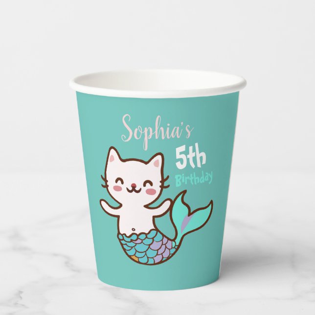 Gobelets En Papier Chat Mermaid Girl Anniversaire mignonne Purrmaid M (Verso)