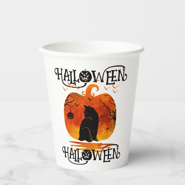 GOBELETS EN PAPIER CHAT NOIR CITROUILLE D'HALLOWEEN HALLOWEEN (Recto)