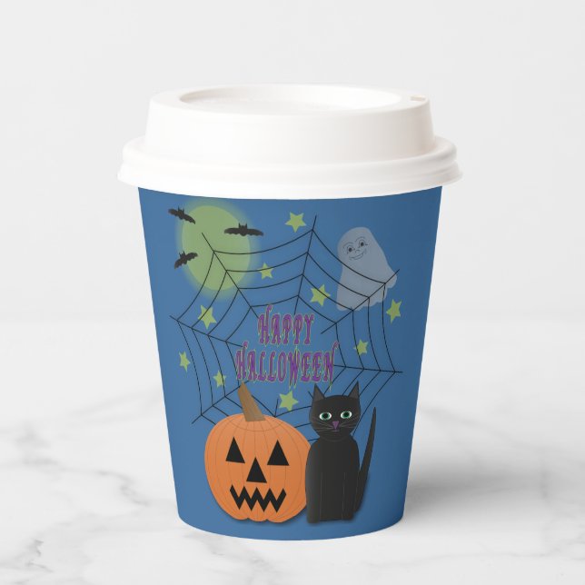 Gobelets En Papier Chat noir et citrouille, Halloween pas effrayant (Recto)