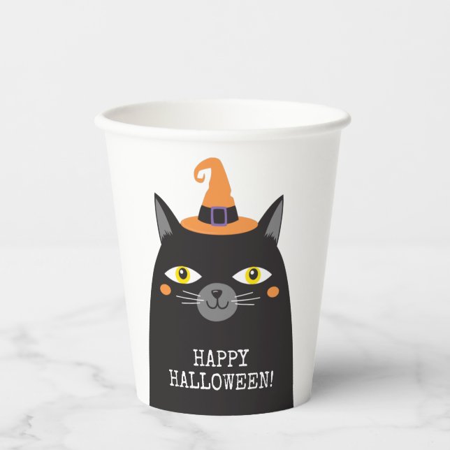 Gobelets En Papier Chat Noir Halloween Whimsical Cute Personnalisé (Recto)