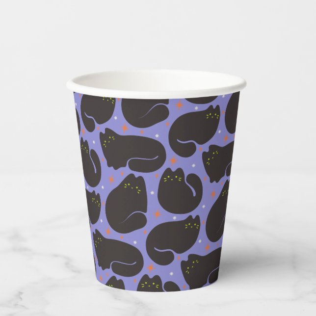 Gobelets En Papier Chat noir rétro sur fond violet (Recto)