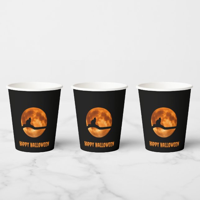 Gobelets En Papier Chat noir sous la lune orange (Multi)