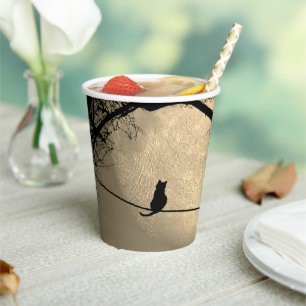 Gobelets En Papier Chat sur une Pleine lune de fil