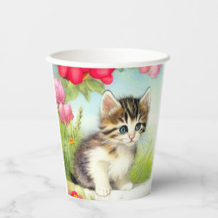 Gobelets En Papier Chaton vintage blanc et Brown avec fleurs
