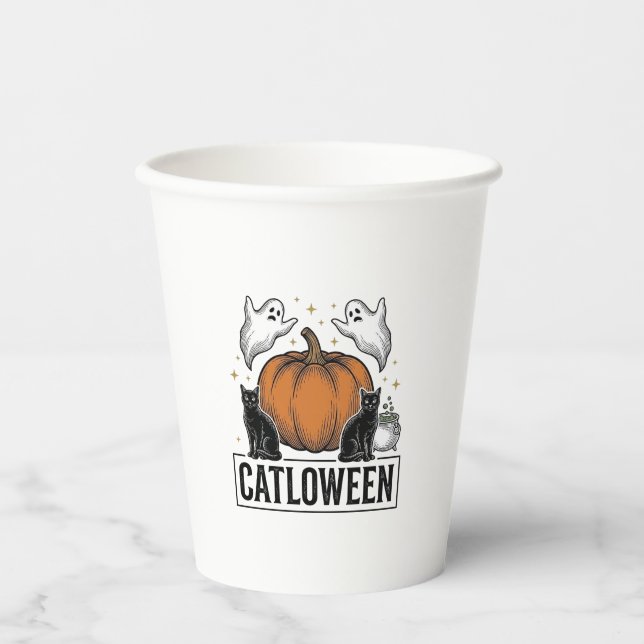 Gobelets En Papier Chatoween Chat Noir Fantôme Halloween Conception V (Recto)