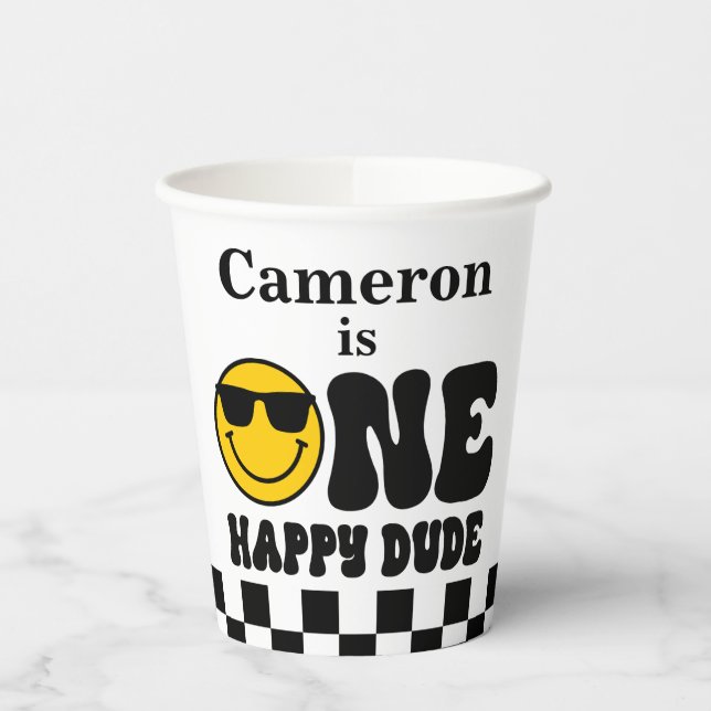 Gobelets En Papier Checkerboard One Happy Dude 1er Anniversaire (Gauche)