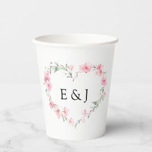 Gobelets En Papier Cherry Blossom Mariage de monogramme de coeur