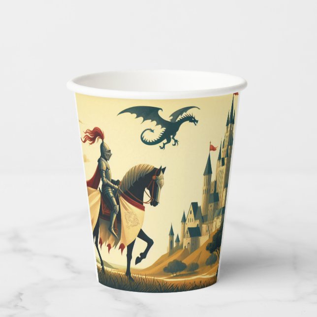 Gobelets En Papier Chevalier médiéval et château de wyvern fantasy (Recto)