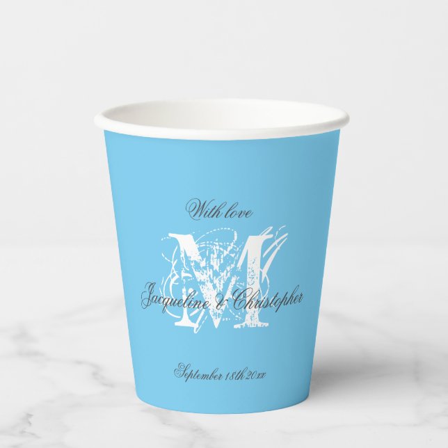 Gobelets En Papier Chic Blanc Monogramme Noms Noir Aqua Bleu (Recto)
