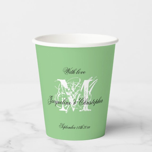 Gobelets En Papier Chic Blanc Monogramme Noms Noir Papier Vert Doux (Recto)