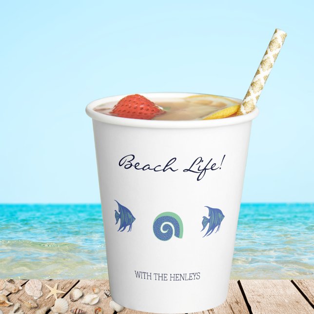 Gobelets En Papier Chic Blue and White Fish and Shells Beach House (Créateur téléchargé)