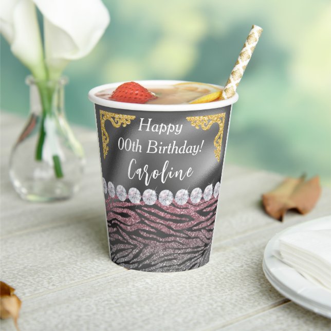 Gobelets En Papier Chic Gold Argent Pink Zebra Imprimer Anniversaire (Insitu)