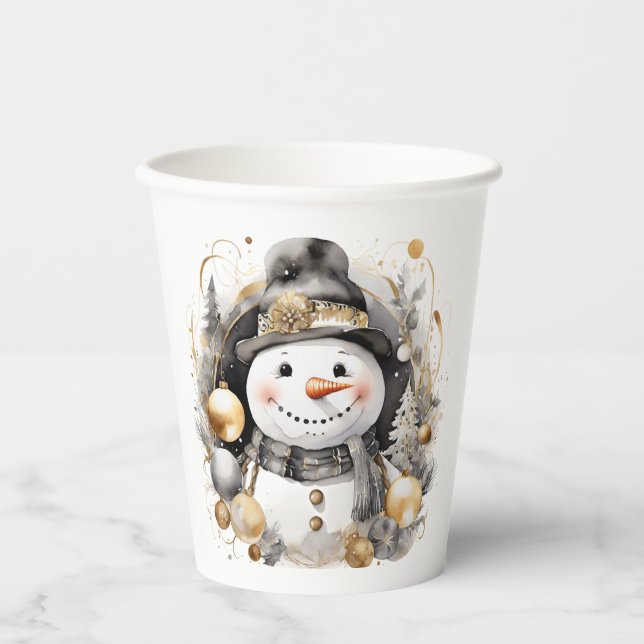 Gobelets En Papier Chic Snowman: Black and Gold Holiday Charm (Recto)