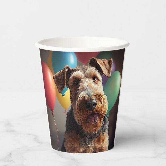 Gobelets En Papier Chien Airedale avec gâteau et ballons (Recto)