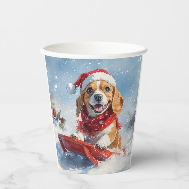 Gobelets En Papier Chien beagle dans la boue Laisser il neige Noël (Recto)
